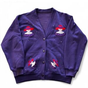 Vintage Purple red hate Appliqué button front long sleeve cardigan sweater